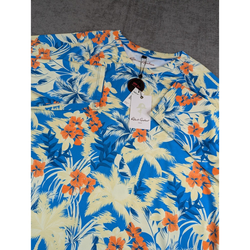 Robert Graham Rash Guard Shirt Mens L Blue Floral Tropical Forest UPF 50 NWT